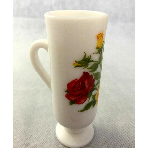 Avon Red Yellow Roses Flowers White Milk Glass Mug Handled Pedestal Bud Vase - Picture 5 of 13
